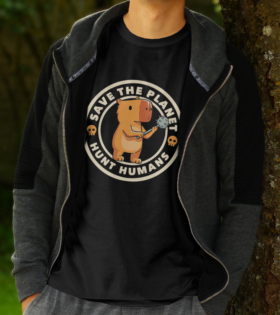 Save The Planet Hunt Humans Cute Bear With Caveman Club T-Shirt