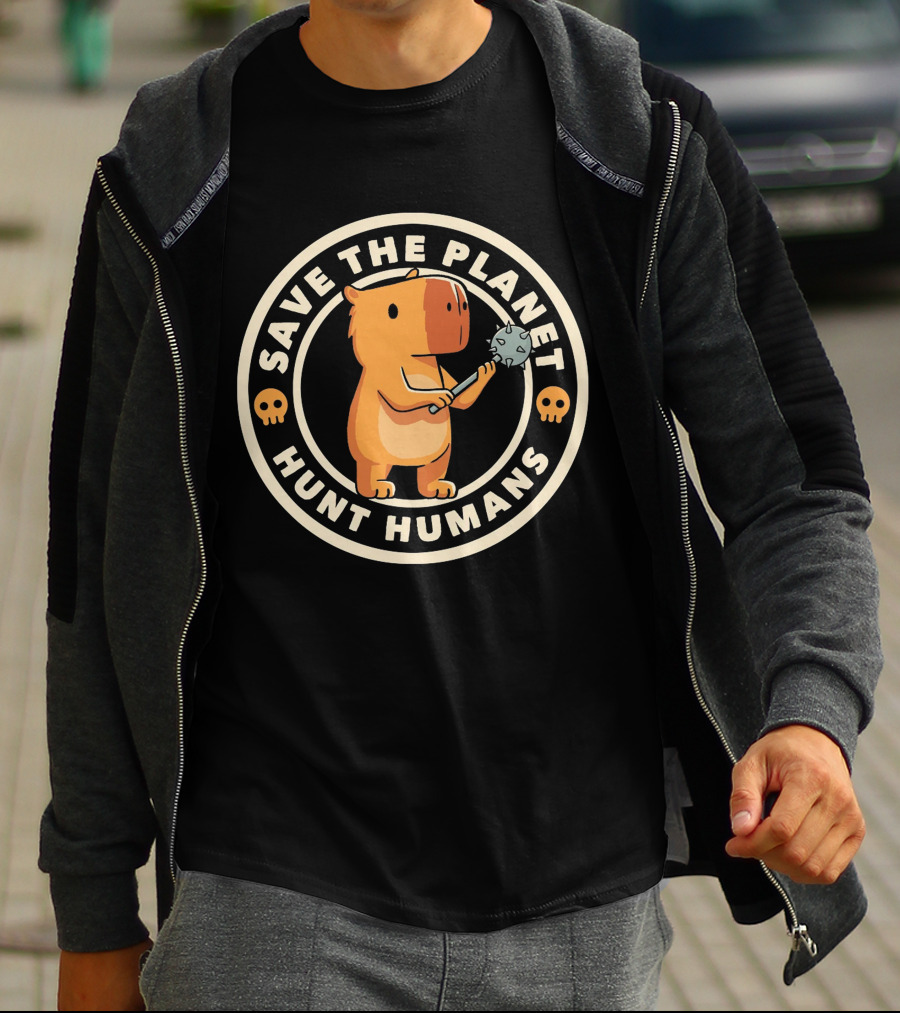 Save The Planet Hunt Humans Cute Bear With Caveman Club T-Shirt