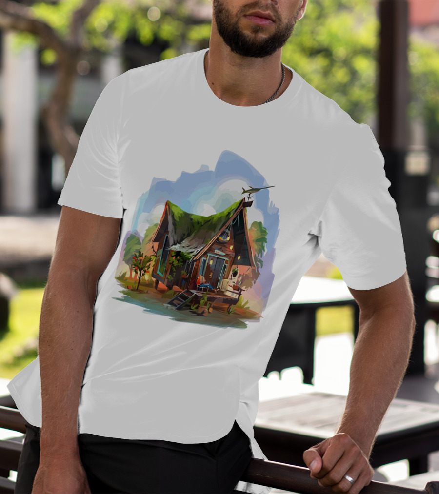 Dream House With Grass Roof And Airplane Sky Scene T-Shirt