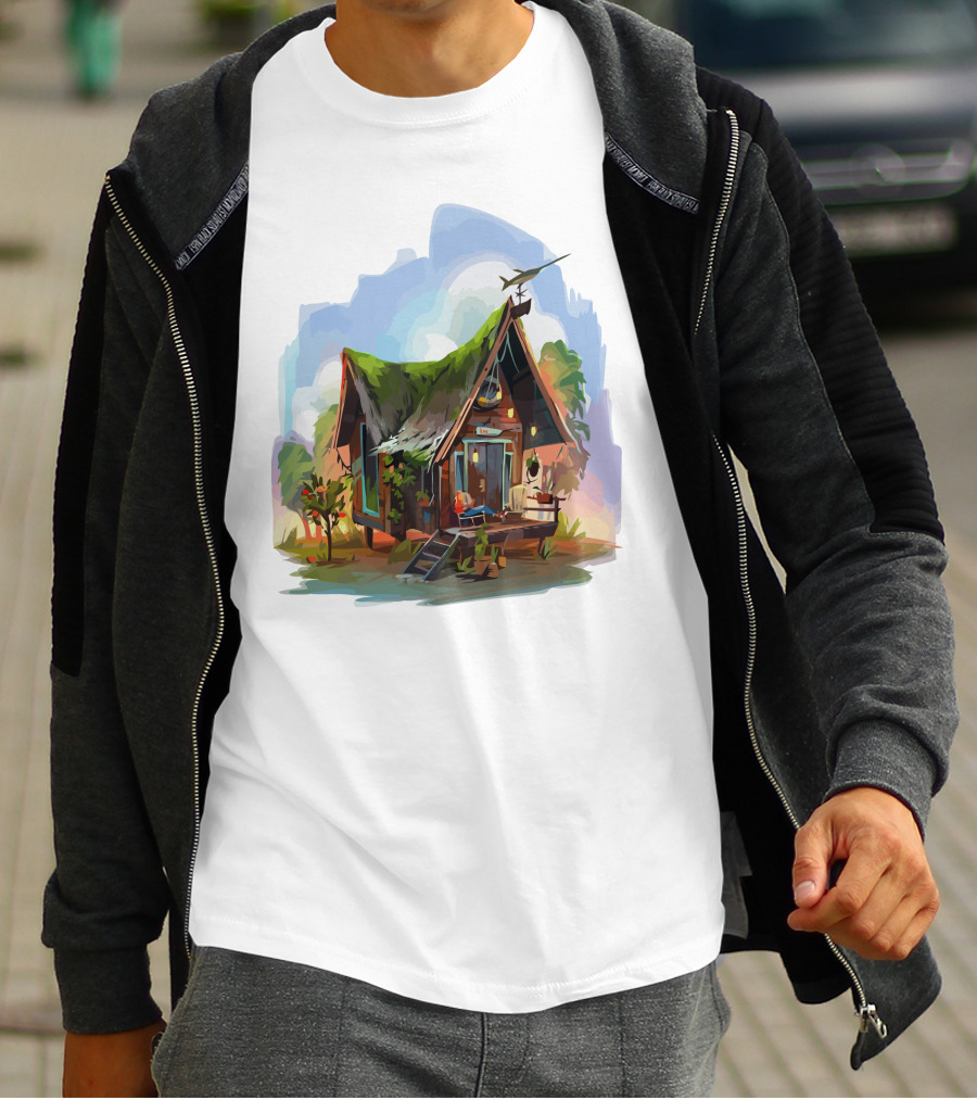 Dream House With Grass Roof And Airplane Sky Scene T-Shirt