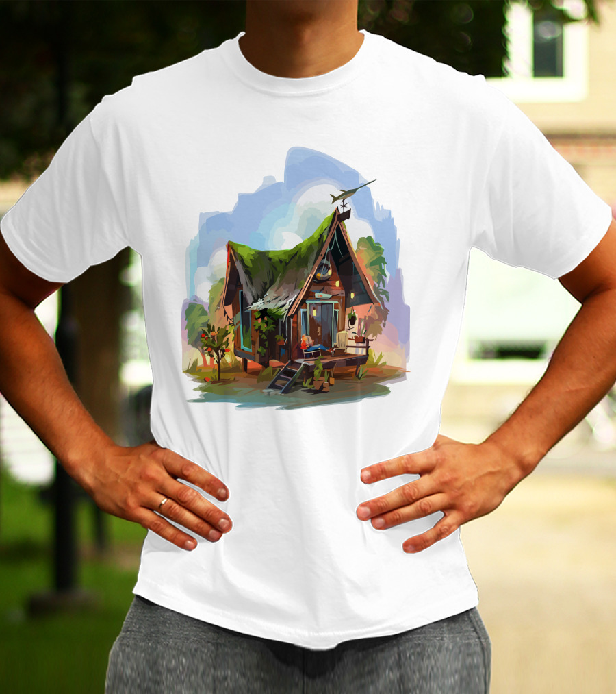 Dream House With Grass Roof And Airplane Sky Scene T-Shirt