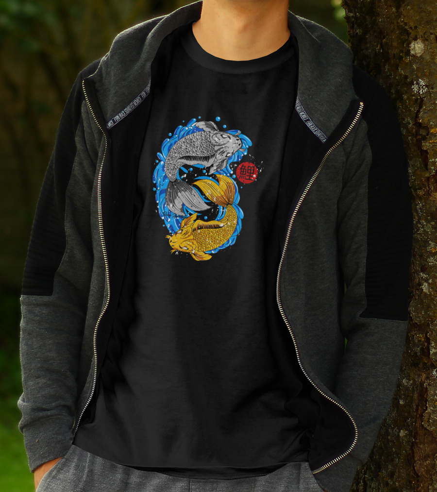 Koi Fish Yin Yang With Blue Water And Red Japanese T-Shirt