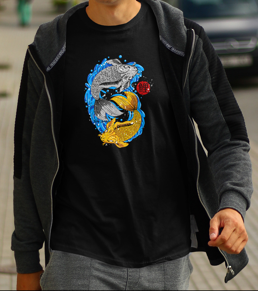 Koi Fish Yin Yang With Blue Water And Red Japanese T-Shirt