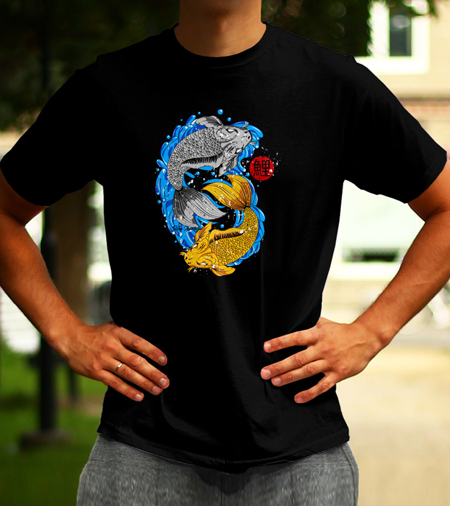 Koi Fish Yin Yang With Blue Water And Red Japanese T-Shirt