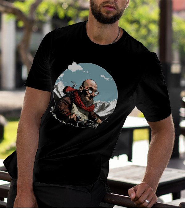 Bald Man On Motorcycle Through Mountain Landscape With Red Scarf And Glasses T-Shirt