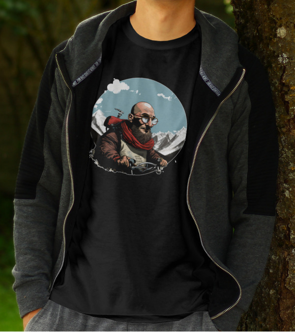 Bald Man On Motorcycle Through Mountain Landscape With Red Scarf And Glasses T-Shirt