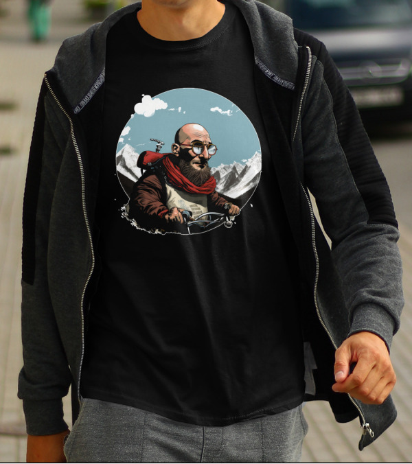 Bald Man On Motorcycle Through Mountain Landscape With Red Scarf And Glasses T-Shirt