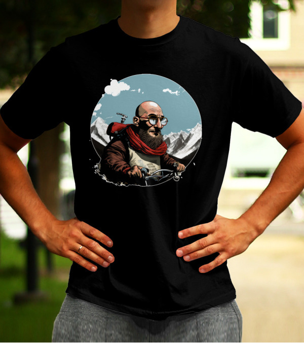 Bald Man On Motorcycle Through Mountain Landscape With Red Scarf And Glasses T-Shirt