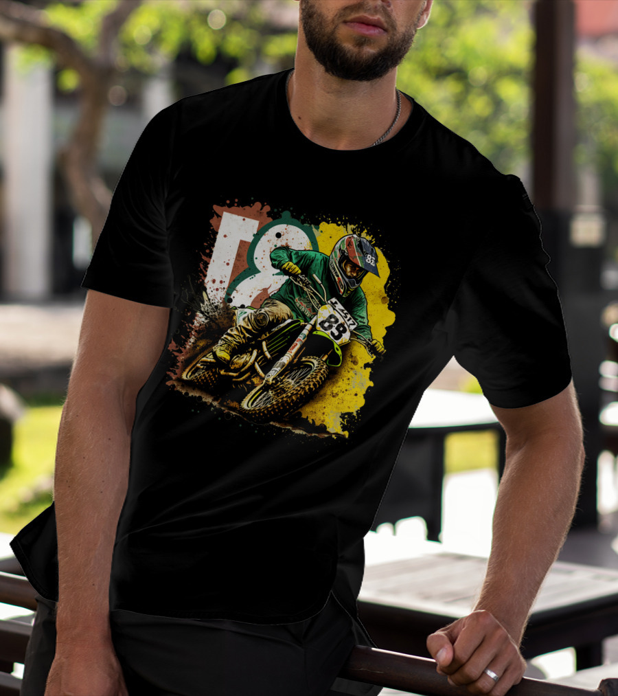 Motocross Racer Dynamic Action With Number 83 And Splatter Background T-Shirt