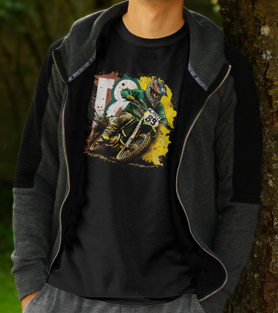 Motocross Racer Dynamic Action With Number 83 And Splatter Background T-Shirt
