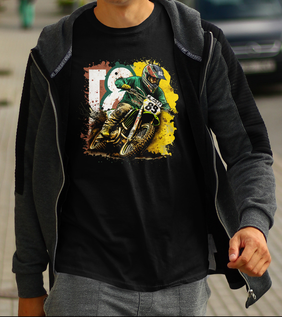 Motocross Racer Dynamic Action With Number 83 And Splatter Background T-Shirt