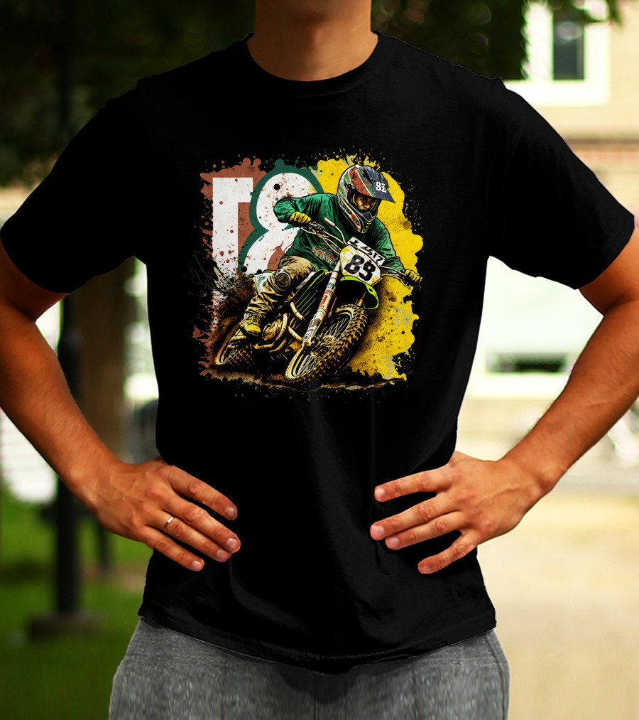 Motocross Racer Dynamic Action With Number 83 And Splatter Background T-Shirt