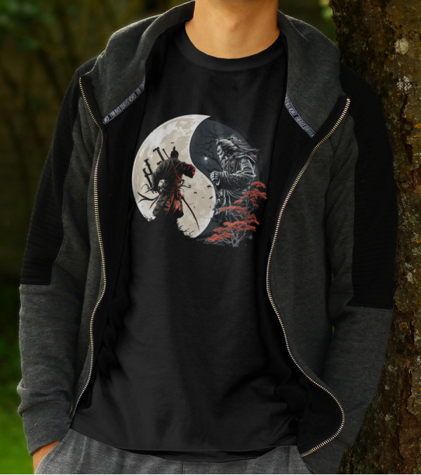 Crescent Moonlight Samurai Yin Yang Duality Forest T-Shirt