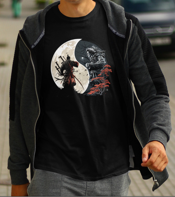 Crescent Moonlight Samurai Yin Yang Duality Forest T-Shirt