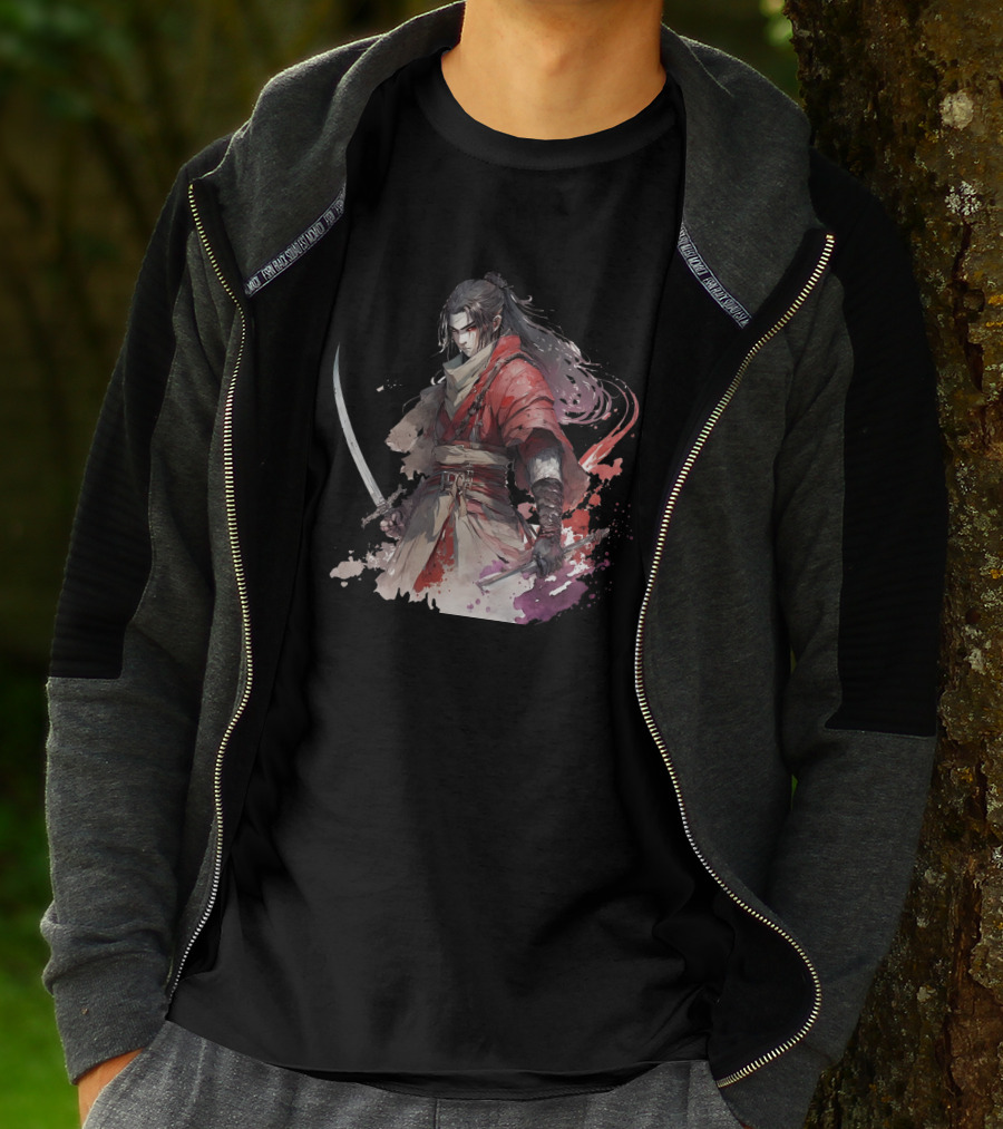 Samurai Blade Warrior In Red Robes With Dual Katanas And Flowing Hair T-Shirt