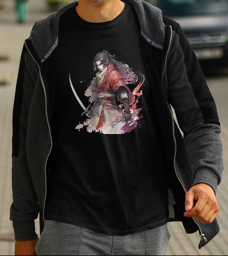 Samurai Blade Warrior In Red Robes With Dual Katanas And Flowing Hair T-Shirt