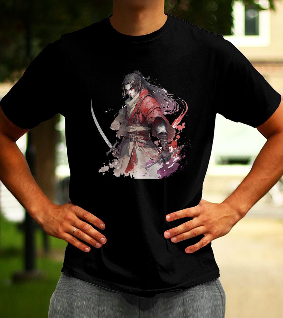 Samurai Blade Warrior In Red Robes With Dual Katanas And Flowing Hair T-Shirt