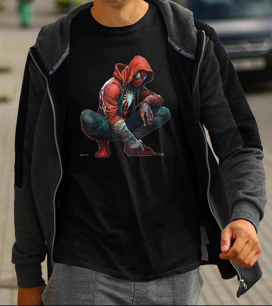 Spider Man Miles Morales In Red Hoodie Urban T-Shirt