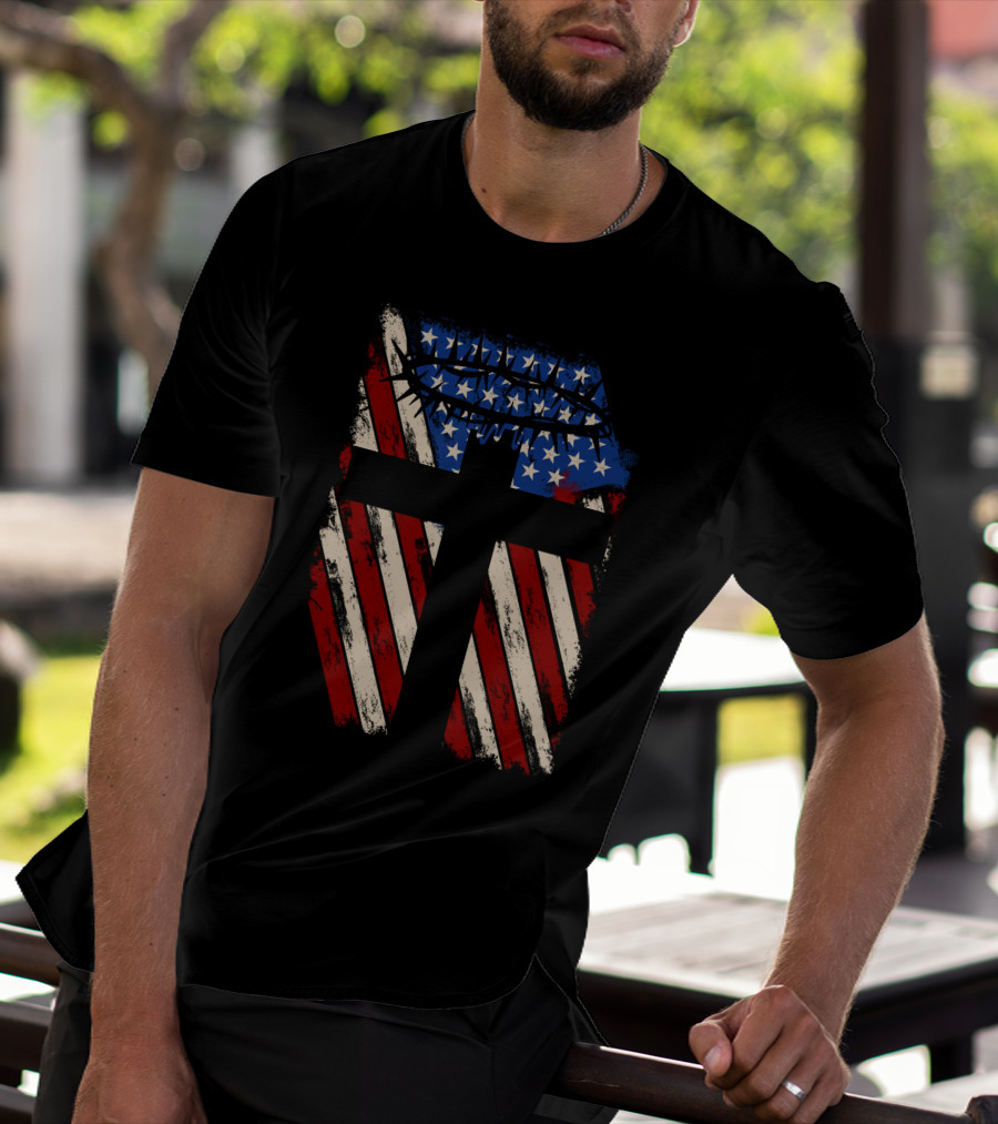 God Protect America American Flag Cross With Crown Of Thorns T-Shirt
