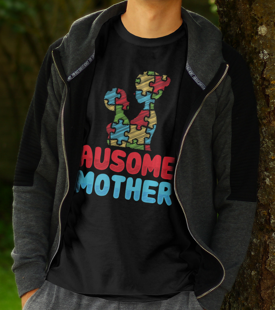 Ausome Mother Colorful Puzzle Piece Autism Awareness T-Shirt