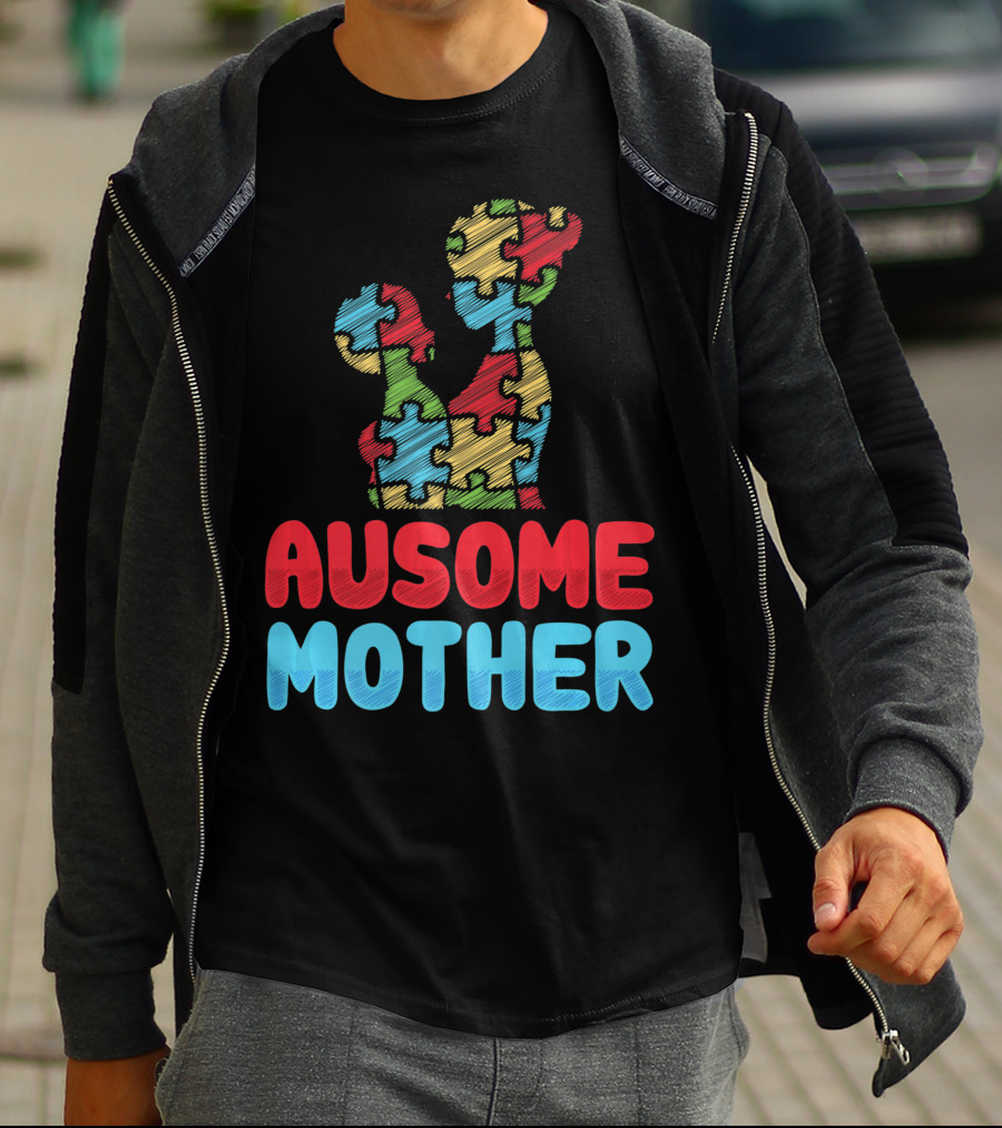 Ausome Mother Colorful Puzzle Piece Autism Awareness T-Shirt