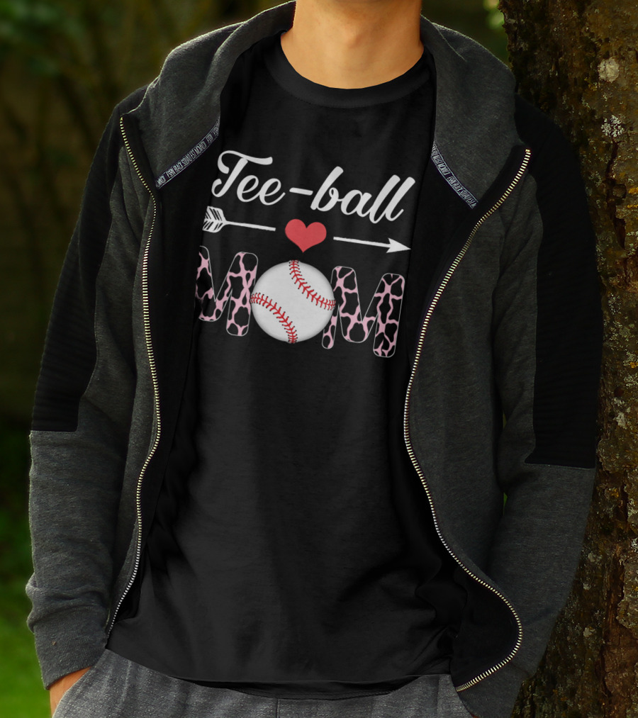 Tee-Ball Mom Heart Arrow Baseball Cow Print T-Shirt