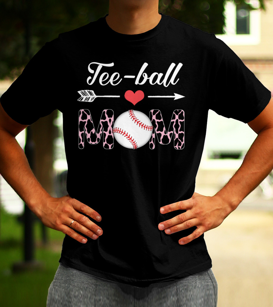 Tee-Ball Mom Heart Arrow Baseball Cow Print T-Shirt