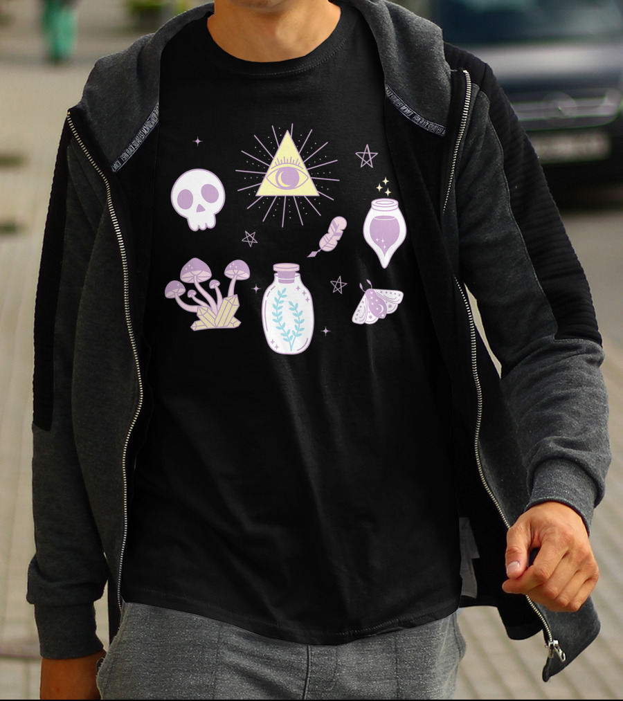 Cute Creepy Pastel Kawaii Goth Witch Aesthetic With Skull Pyramid Mushrooms And Potion Elements T-Shirt