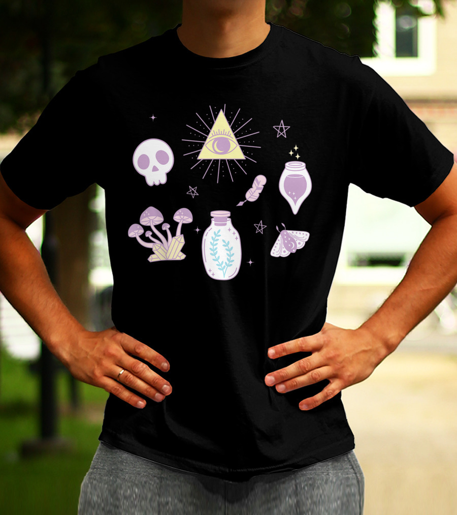 Cute Creepy Pastel Kawaii Goth Witch Aesthetic With Skull Pyramid Mushrooms And Potion Elements T-Shirt
