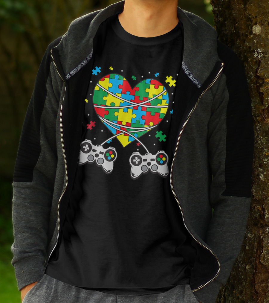Boys Autism Awareness Month Puzzle Heart Video Game Controllers T-Shirt