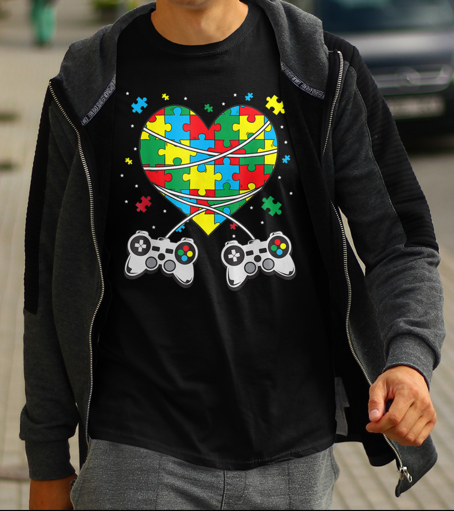 Boys Autism Awareness Month Puzzle Heart Video Game Controllers T-Shirt
