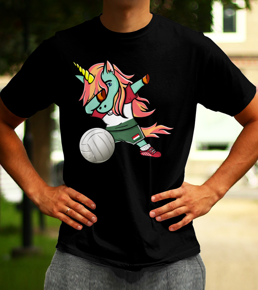 Dabbing Unicorn Hungarian Volleyball Lovers With Flag Jersey T-Shirt