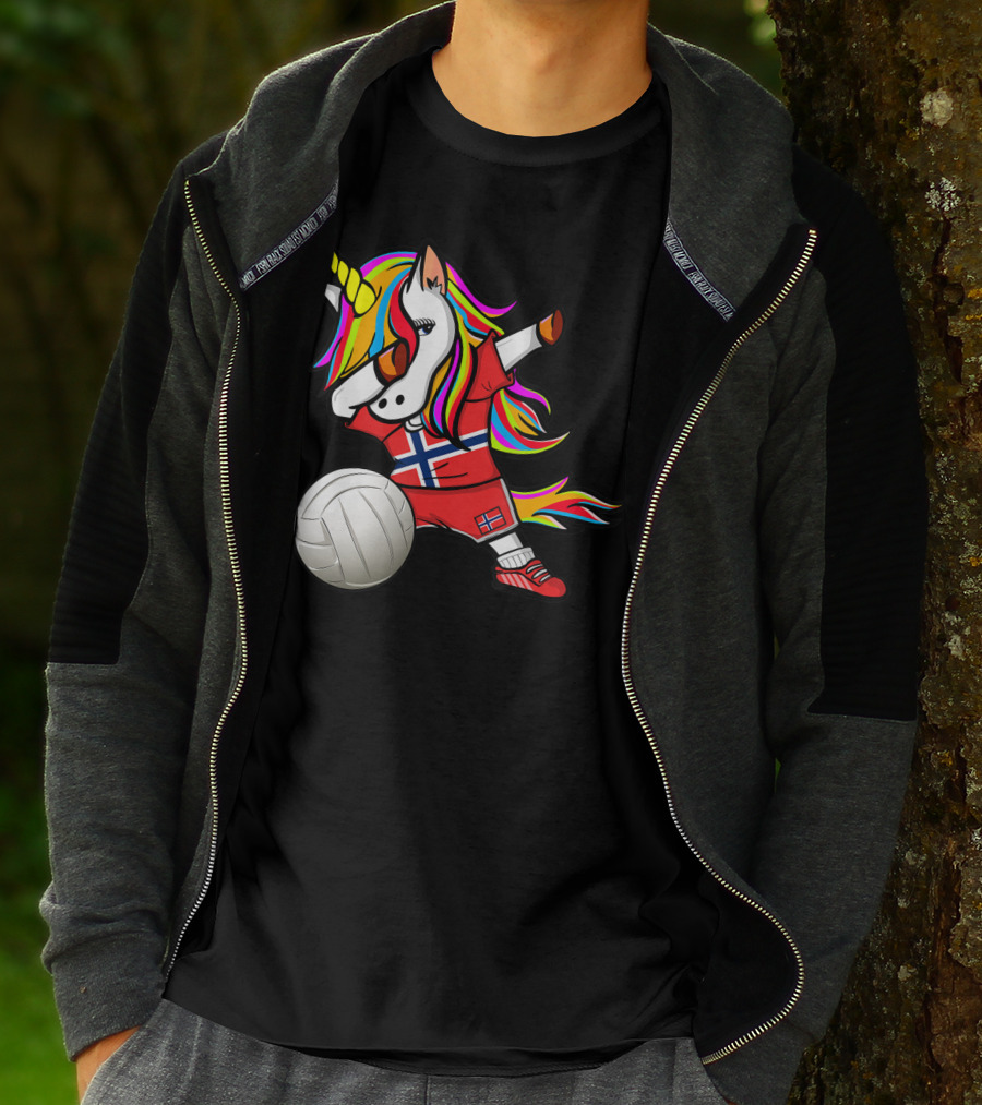 Dabbing Unicorn Norway Volleyball Fans Norwegian Flag Rainbow Jersey T-Shirt