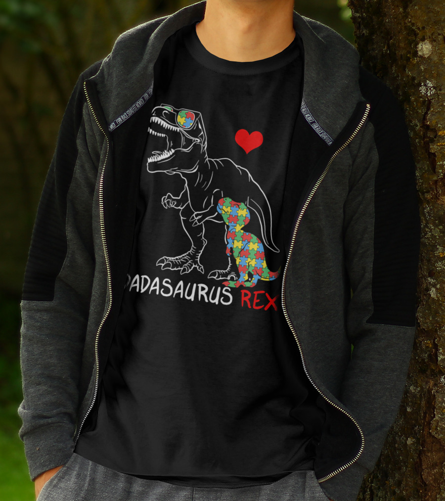 Dadasaurus Rex Heart Puzzle Autism Awareness Daddy T-Shirt
