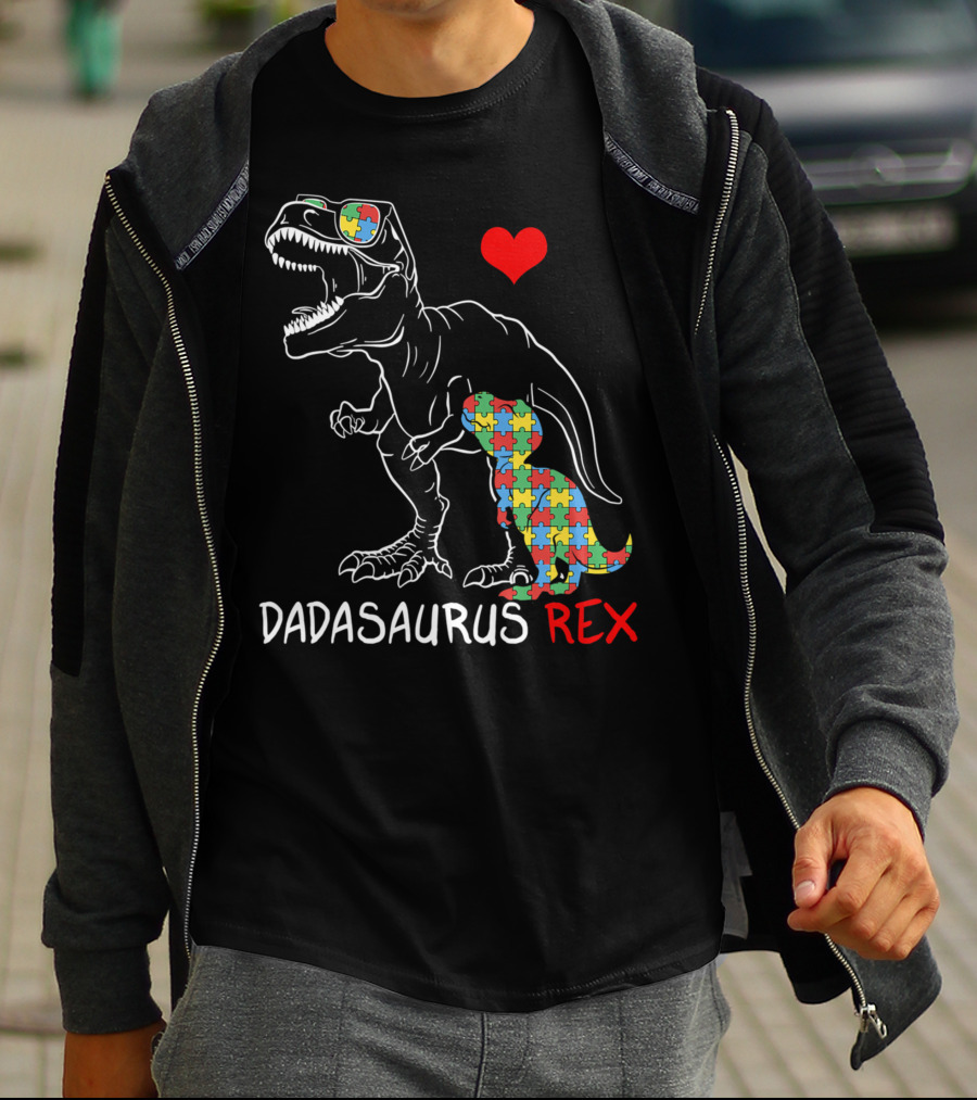 Dadasaurus Rex Heart Puzzle Autism Awareness Daddy T-Shirt