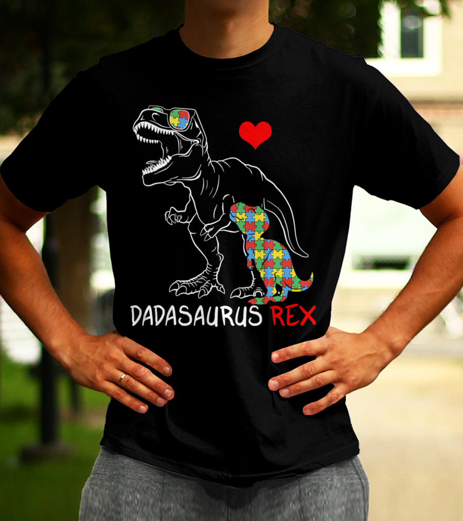 Dadasaurus Rex Heart Puzzle Autism Awareness Daddy T-Shirt