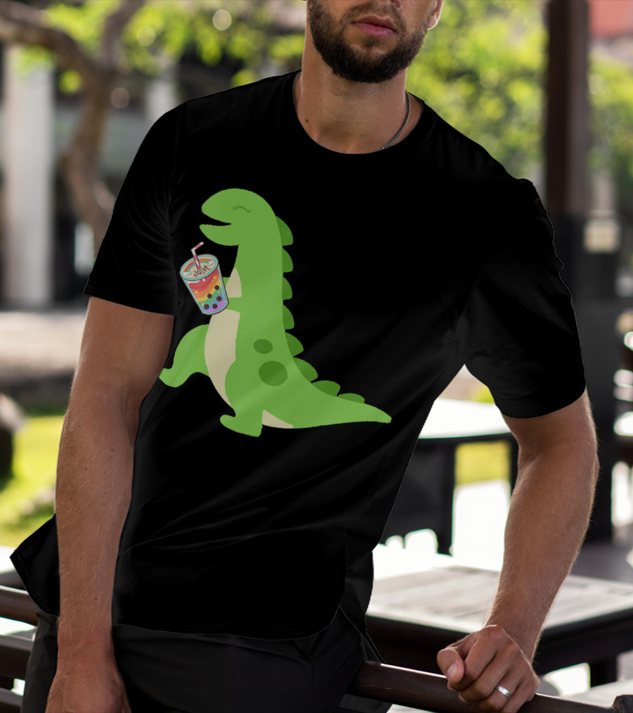 Dino Drinking Bubble Tea With Colorful Boba T-Shirt
