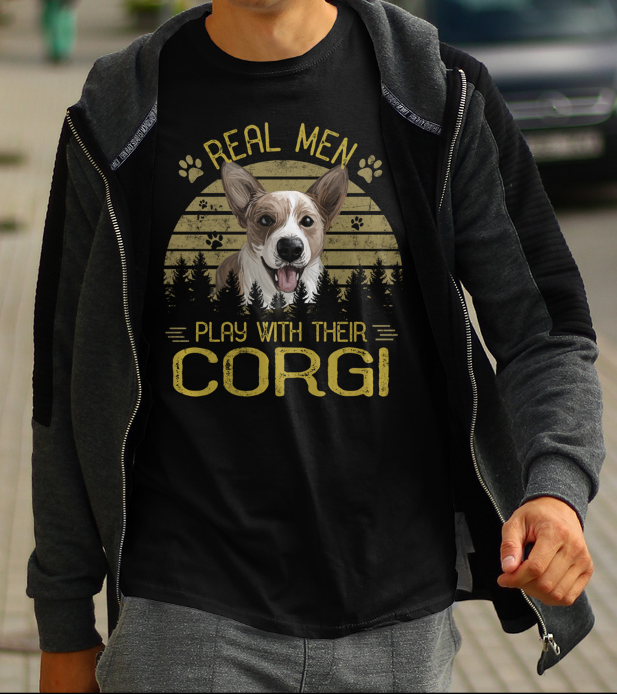 Real Men Play With Their Corgi Dog Adventure Forest Scene T-Shirt