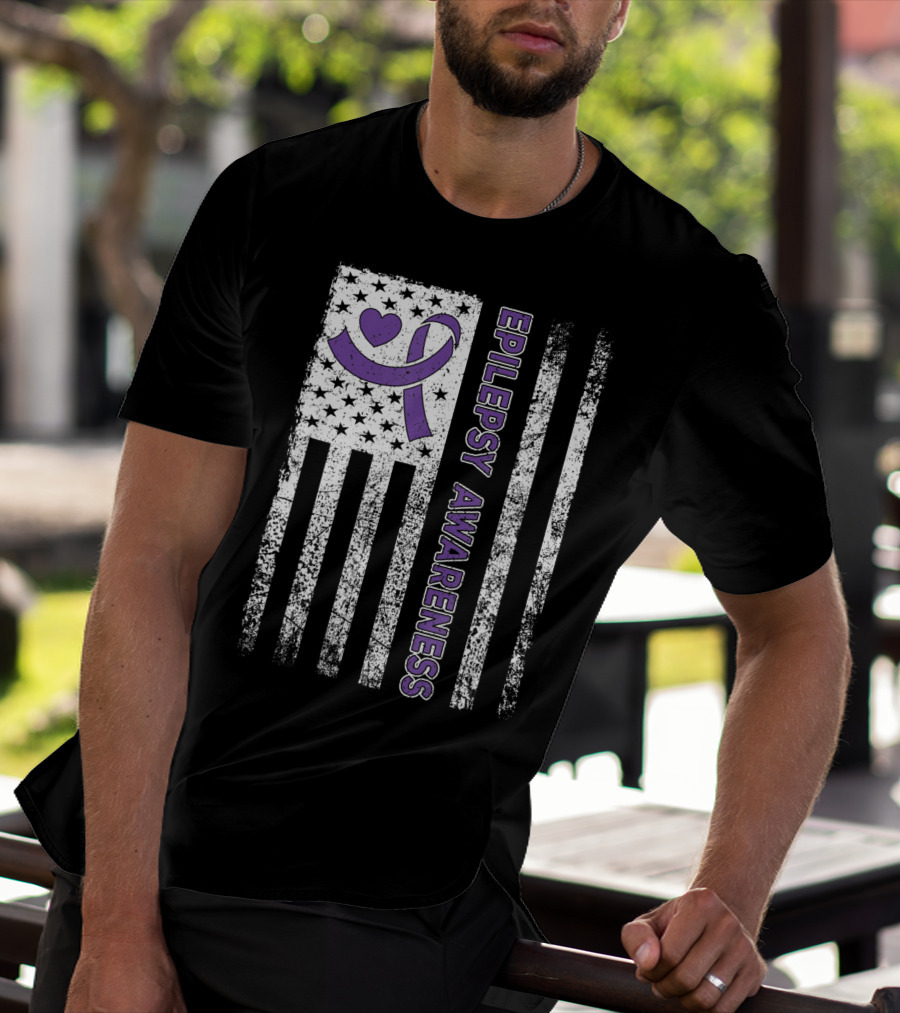 Epilepsy Awareness Flag Purple Ribbon Heart Warrior T-Shirt