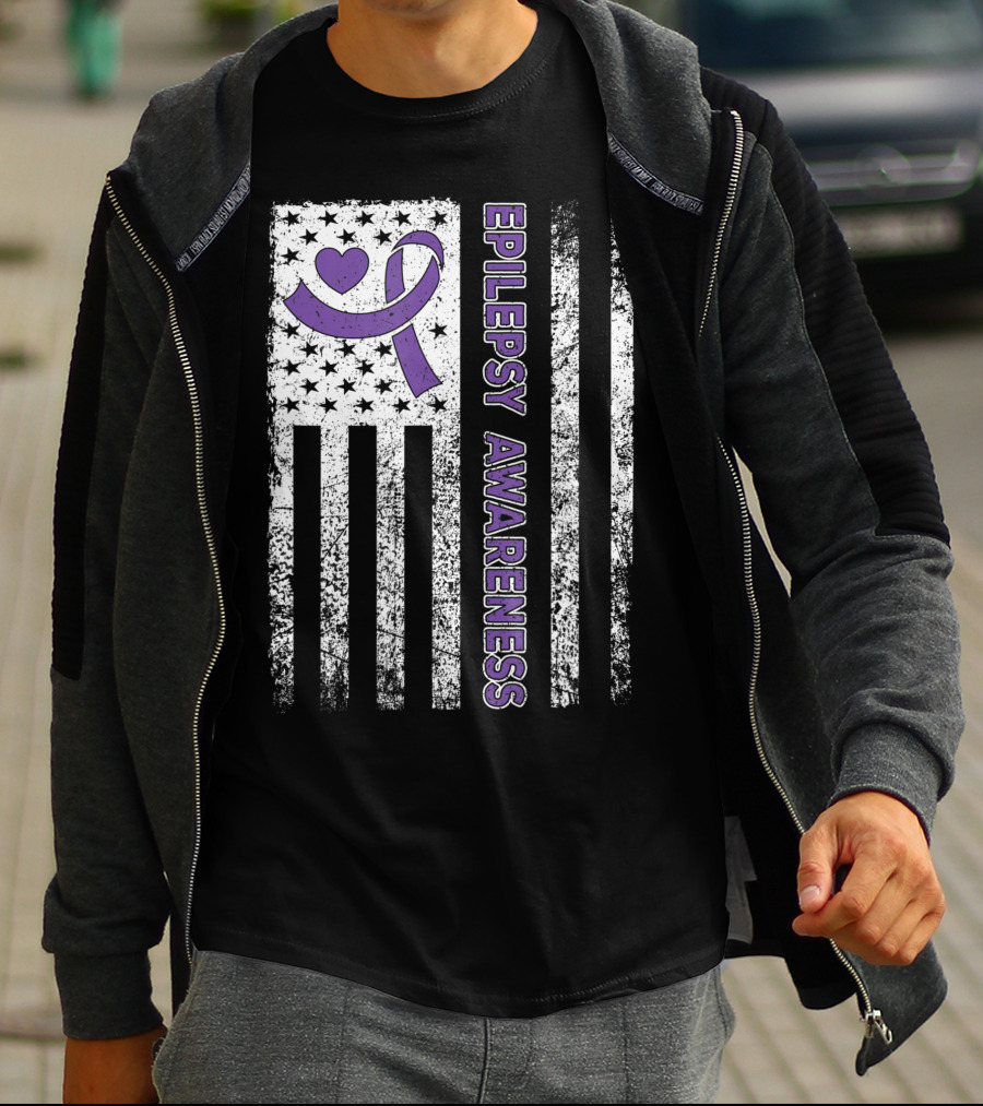 Epilepsy Awareness Flag Purple Ribbon Heart Warrior T-Shirt