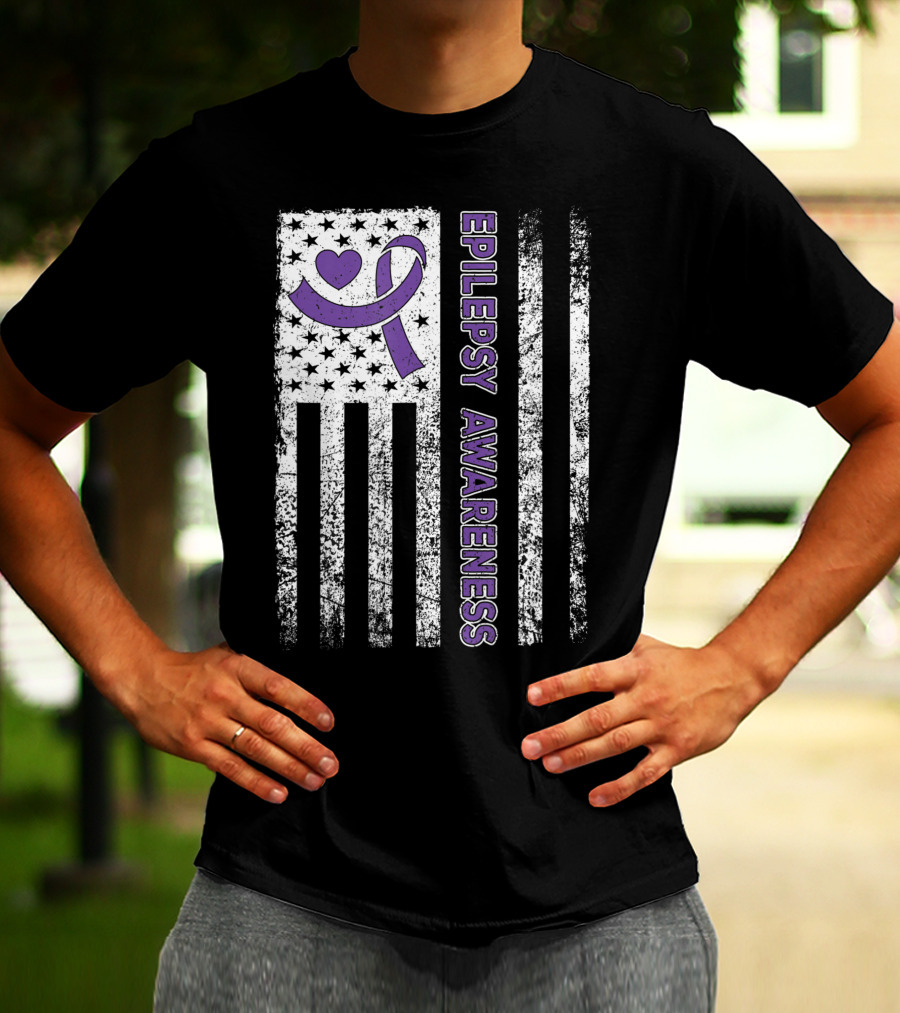Epilepsy Awareness Flag Purple Ribbon Heart Warrior T-Shirt