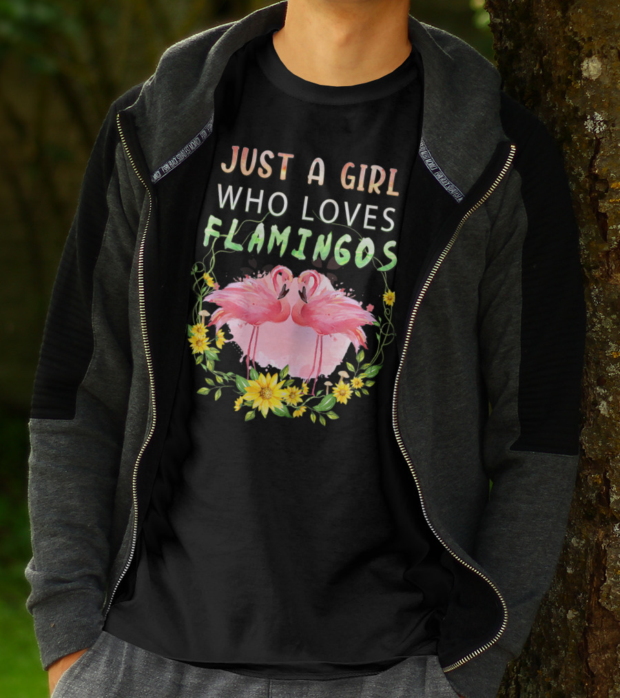 Just A Girl Who Loves Flamingos With Pink Flamingo Pair And Yellow Flowers T-Shirt