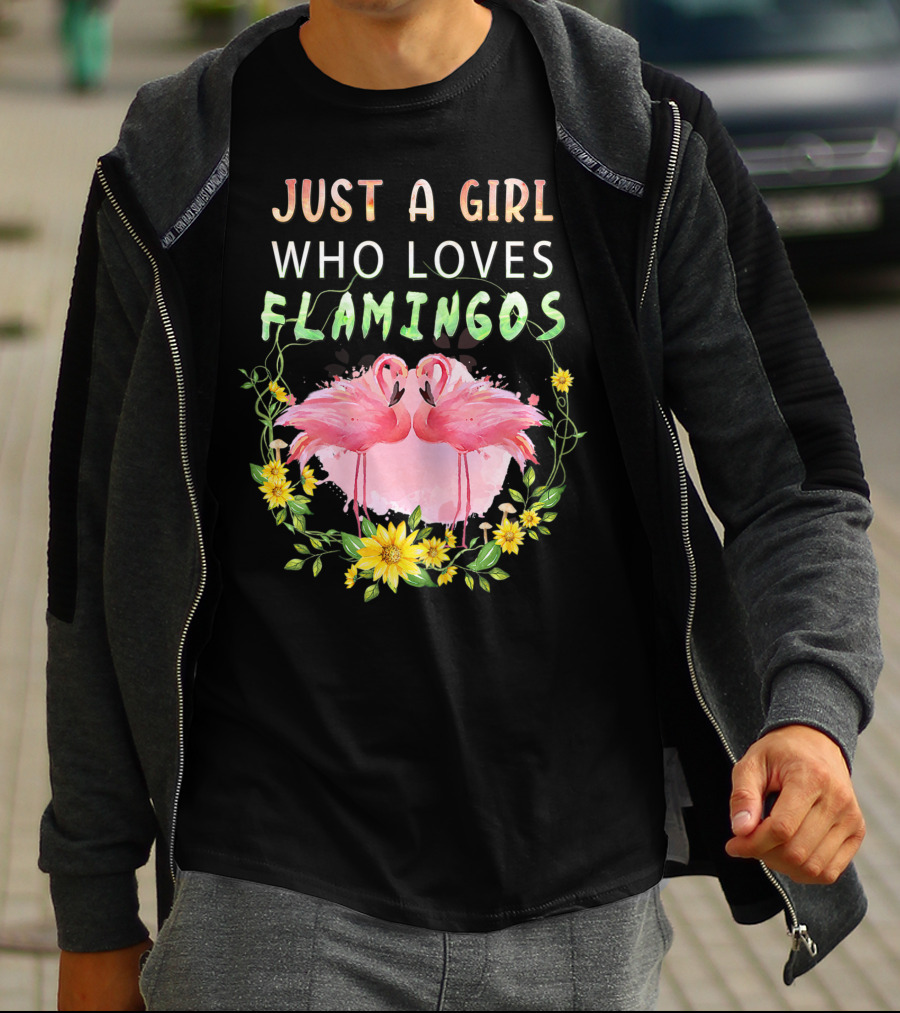 Just A Girl Who Loves Flamingos With Pink Flamingo Pair And Yellow Flowers T-Shirt