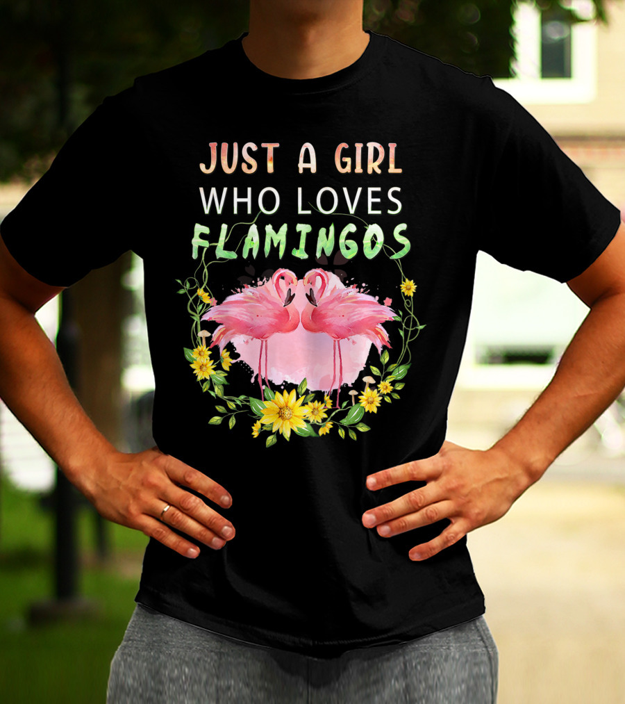 Just A Girl Who Loves Flamingos With Pink Flamingo Pair And Yellow Flowers T-Shirt