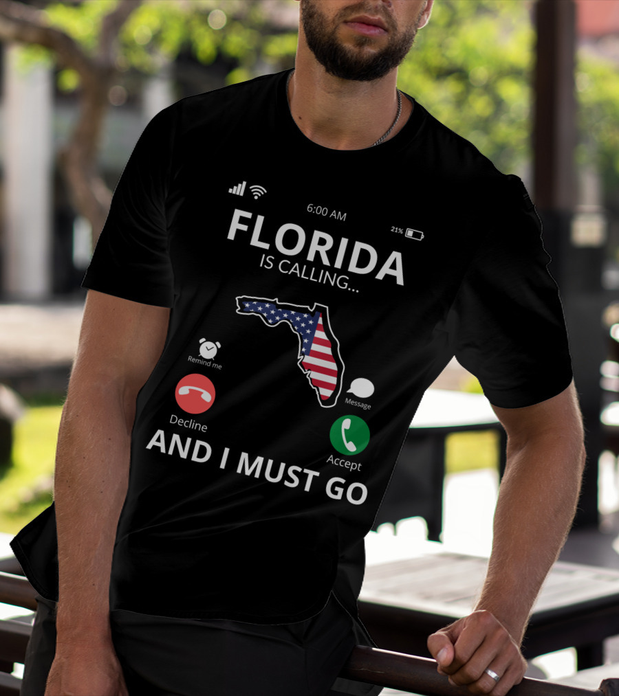 Florida Is Calling And I Must Go American Flag Florida Map T-Shirt