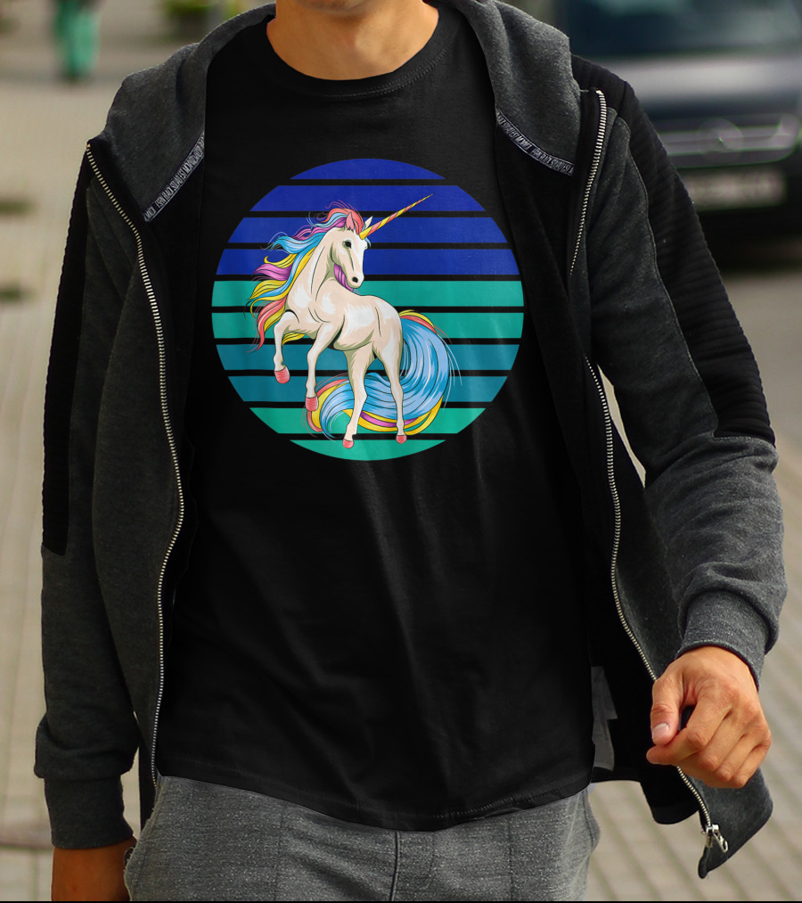 Girls Unicorn Rainbow Striped Sunset T-Shirt