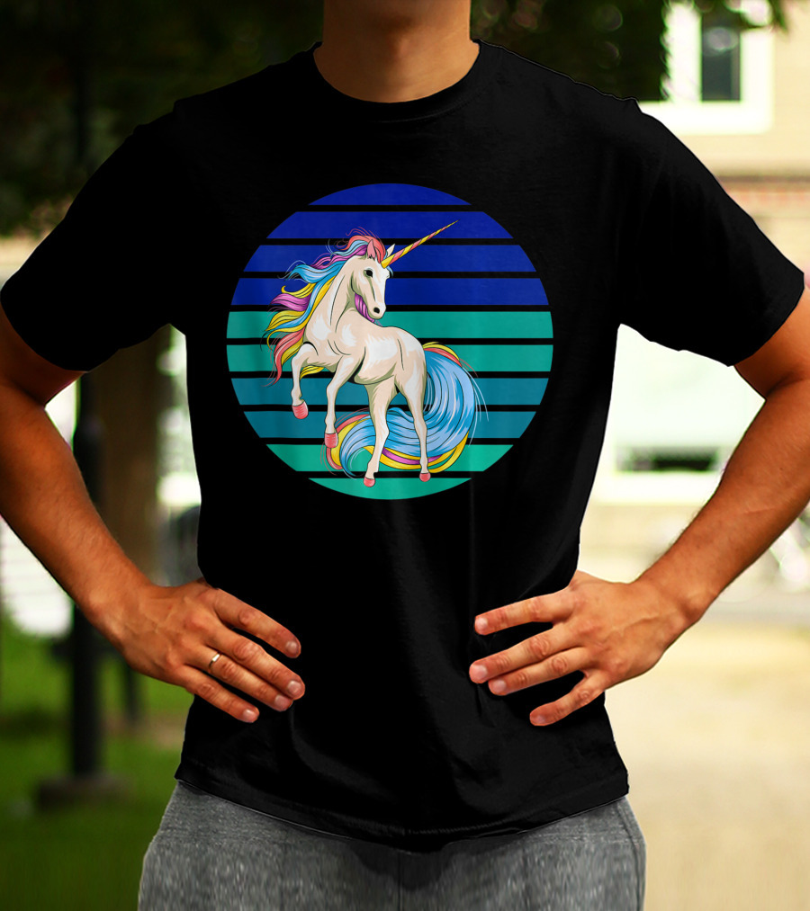 Girls Unicorn Rainbow Striped Sunset T-Shirt