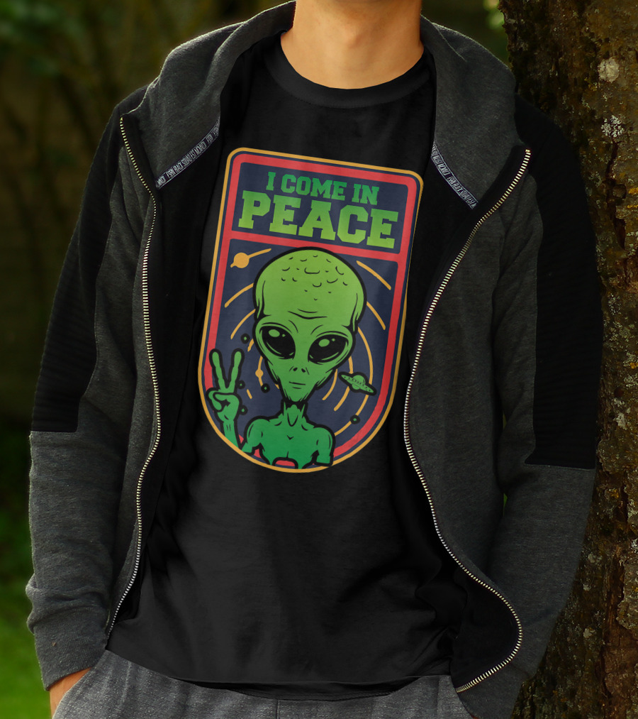 I Come In Peace Green Alien Face Head With UFO And Peace Sign T-Shirt