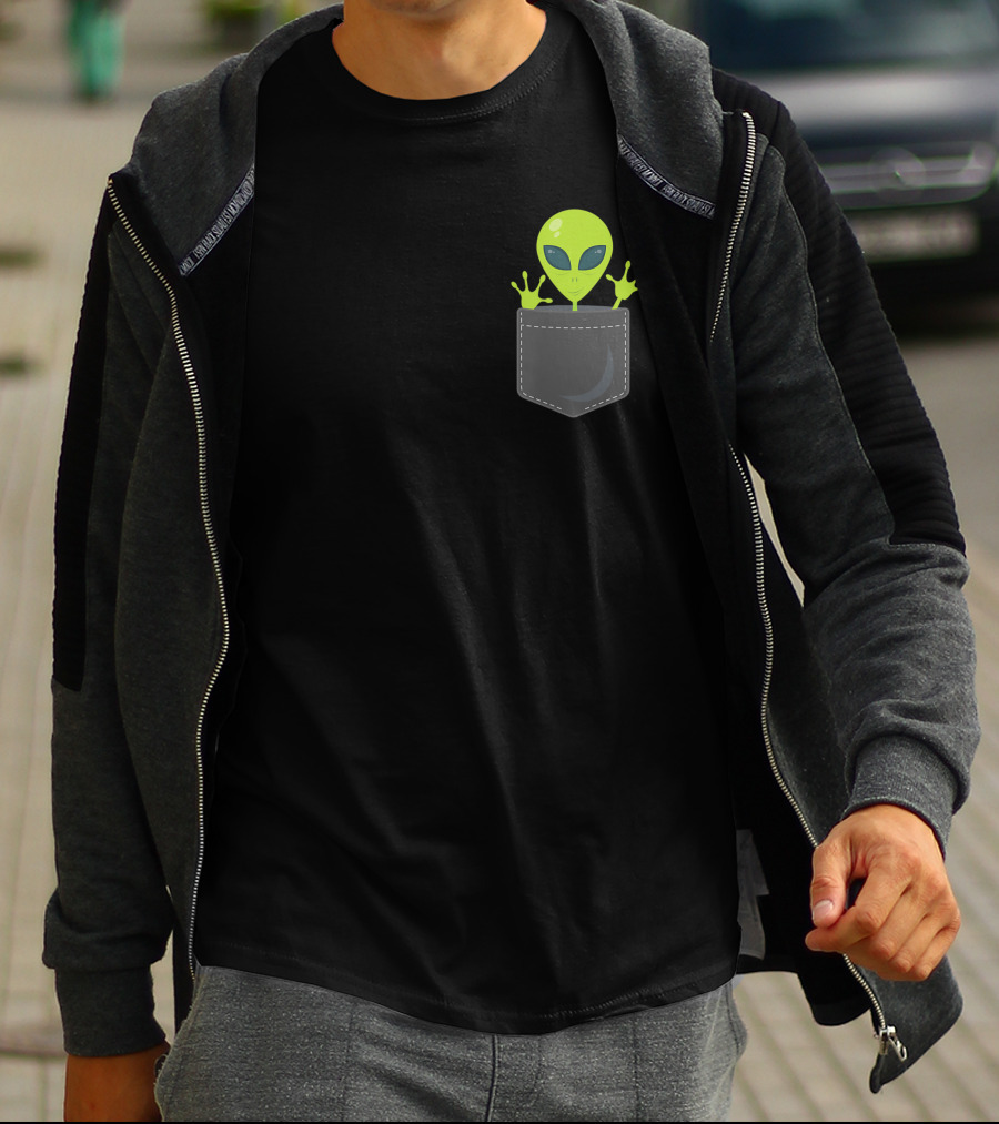 Green Cute Alien Peeking From Pocket T-Shirt