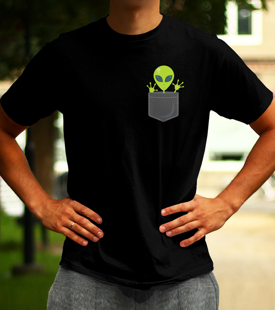 Green Cute Alien Peeking From Pocket T-Shirt